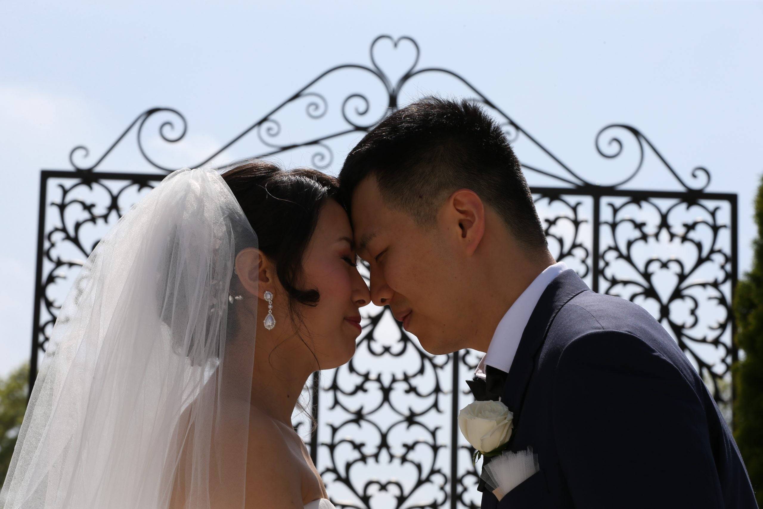 A bride and groom kissing in front of an iron gate.